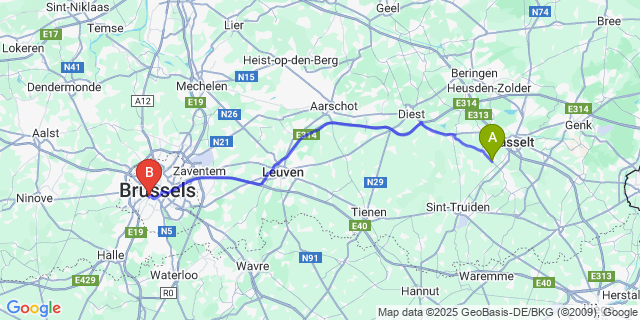 Map: Brussels Midi Train Station to Terkoest