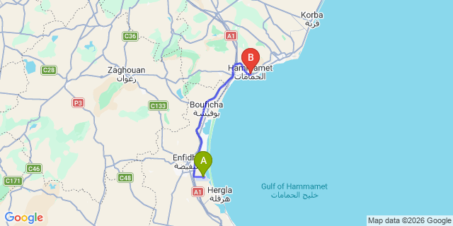 Map: Hammamet North to Enfidha Airport (NBE)