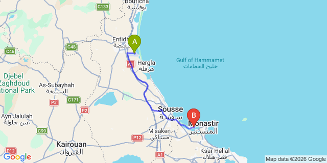 Map: Enfidha Airport (NBE) to Sfax