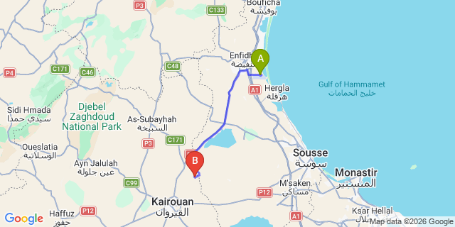 Map: Enfidha Airport (NBE) to Tunis