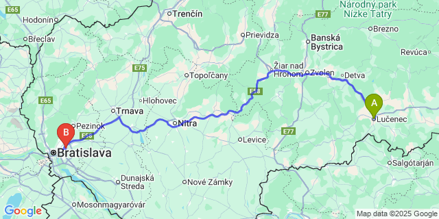 Map: Bratislava Airport (BTS) to Lučenec