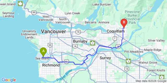 Map: Vancouver Airport (YVR) to Burke Mountain