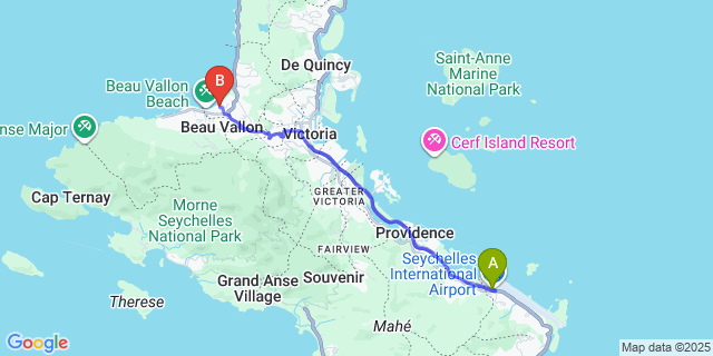Map: Seychelles Airport (SEZ) to Berjaya Beau Vallon Bay Resort & Casino
