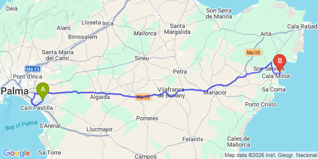 Map: Palma de Mallorca Airport (PMI) to Cala Bona