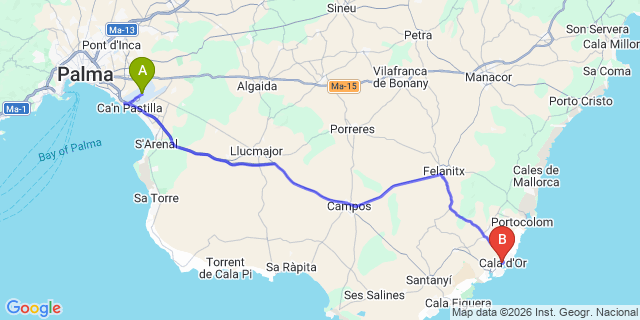 Map: Palma de Mallorca Airport (PMI) to Cala d’Or, Mallorca