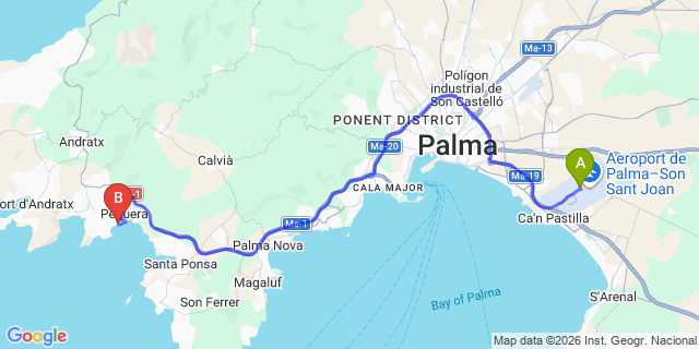 Map: Palma de Mallorca Airport (PMI) to Cala Fornells
