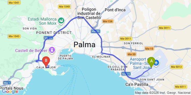 Map: Palma de Mallorca Airport (PMI) to Cala Mayor