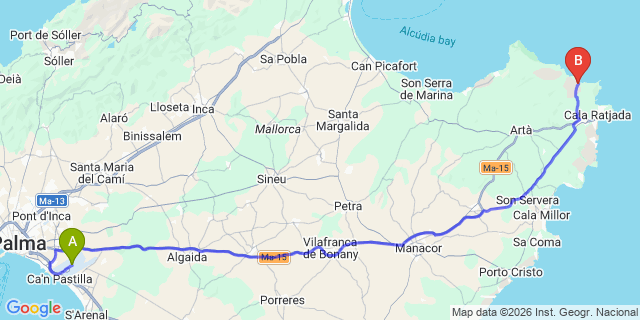 Map: Palma de Mallorca Airport (PMI) to Cala Mesquida