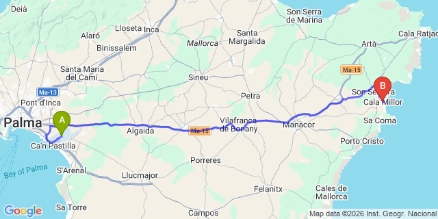 Map: Palma de Mallorca Airport (PMI) to Cala Millor