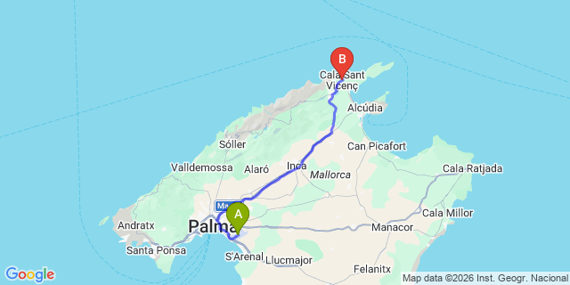Map: Palma de Mallorca Airport (PMI) to Cala San Vicent, Mallorca