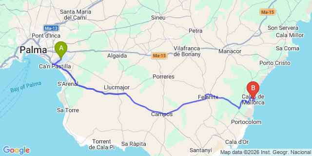 Map: Palma de Mallorca Airport (PMI) to Cales de Mallorca