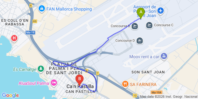 Map: Palma de Mallorca Airport (PMI) to Can Pastilla