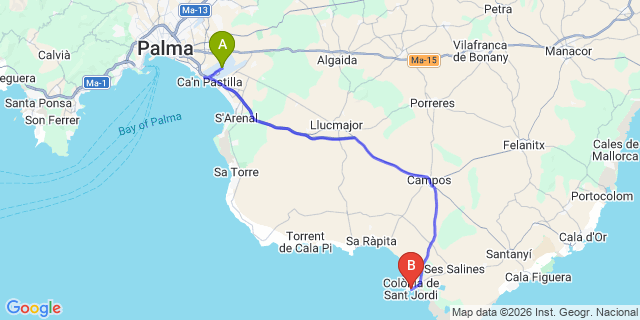 Map: Palma de Mallorca Airport (PMI) to Colonia de Sant Jordi