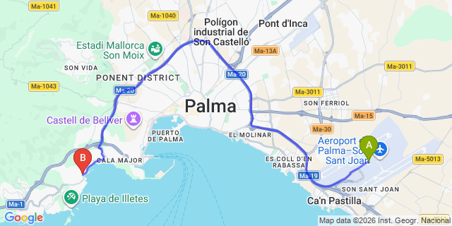 Map: Palma de Mallorca Airport (PMI) to Illetas