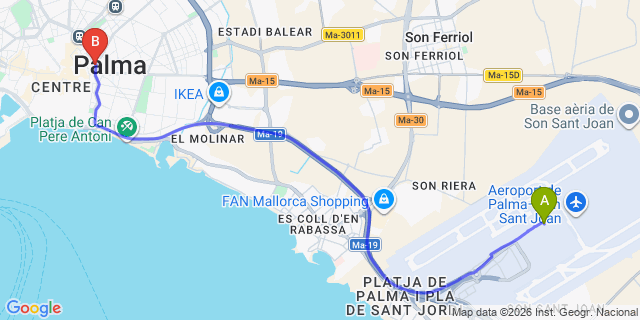 Map: Palma de Mallorca Airport (PMI) to Palma, Mallorca