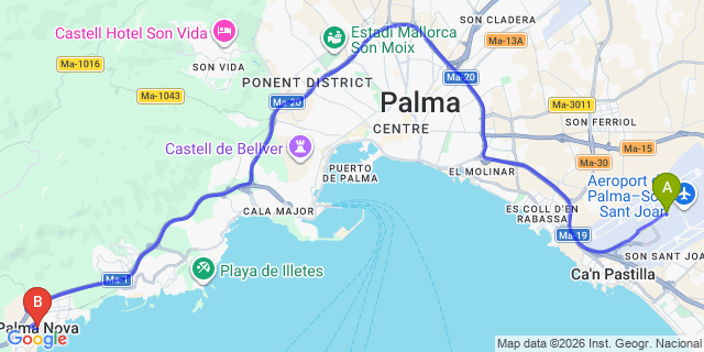 Map: Palma de Mallorca Airport (PMI) to Palmanova, Mallorca