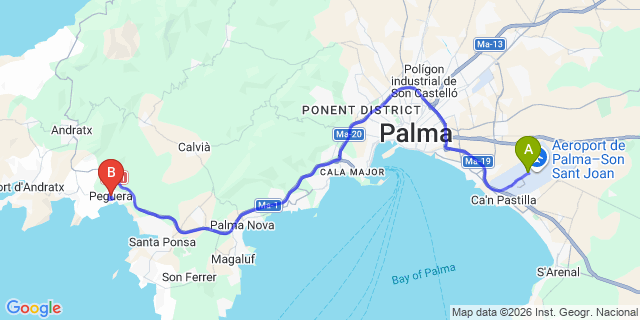 Map: Palma de Mallorca Airport (PMI) to Peguera