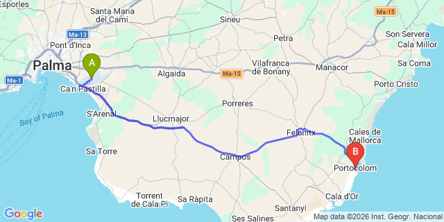Map: Palma de Mallorca Airport (PMI) to Porto Colom