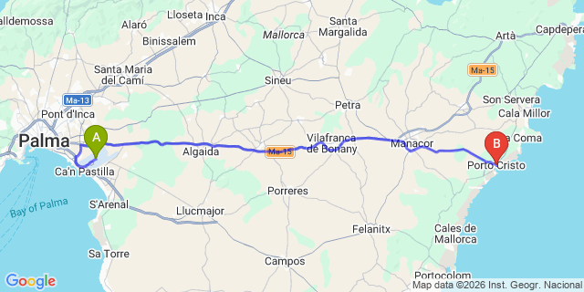 Map: Palma de Mallorca Airport (PMI) to Porto Cristo