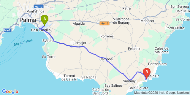 Map: Palma de Mallorca Airport (PMI) to Porto Petro