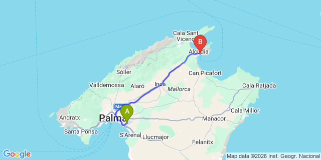 Map: Palma de Mallorca Airport (PMI) to Puerto Alcudia