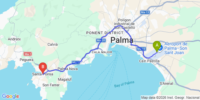 Map: Palma de Mallorca Airport (PMI) to Santa Ponsa