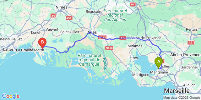 Map: Marseille Airport (MRS) to Aigues-Mortes
