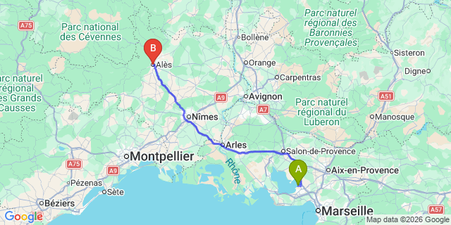 Map: Marseille Airport (MRS) to Ales