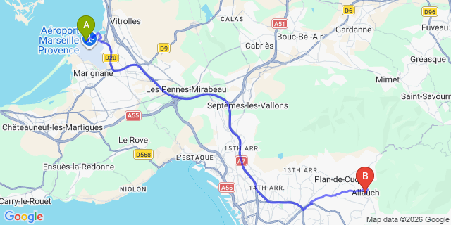 Map: Marseille Airport (MRS) to Allauch