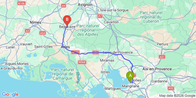 Map: Marseille Airport (MRS) to Beaucaire