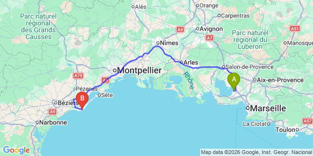 Map: Marseille Airport (MRS) to Cap d’Agde