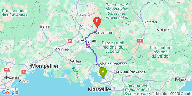 Map: Marseille Airport (MRS) to Caromb