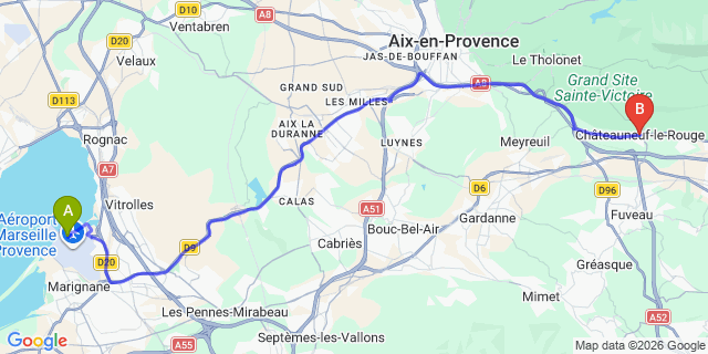 Map: Marseille Airport (MRS) to Chateauneuf-le-Rouge