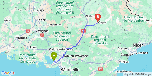 Map: Marseille Airport (MRS) to Digne-les-Bains