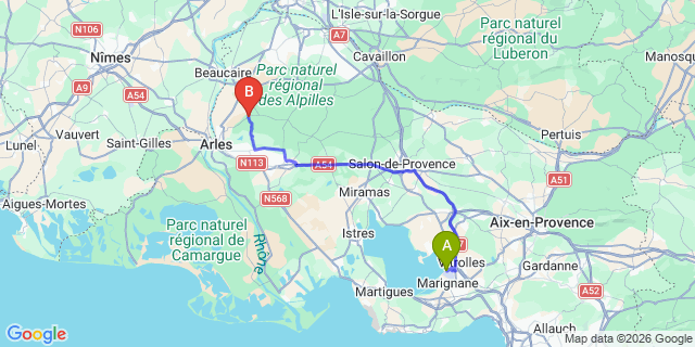 Map: Marseille Airport (MRS) to Fontvieille