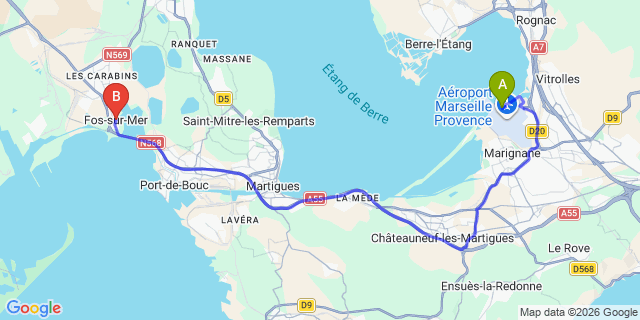 Map: Marseille Airport (MRS) to Fos-sur-Mer