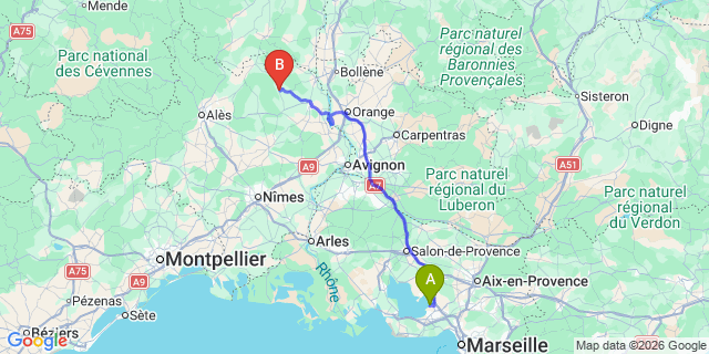 Map: Marseille Airport (MRS) to Goudargues