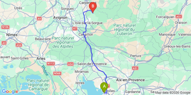 Map: Marseille Airport (MRS) to La Roque-sur-Pernes