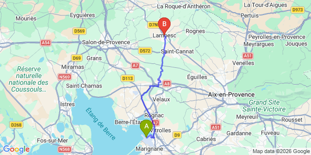 Map: Marseille Airport (MRS) to Lambesc