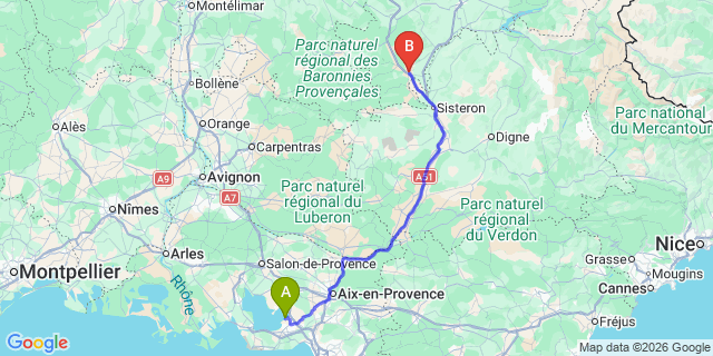 Map: Marseille Airport (MRS) to Laragne Monteglin