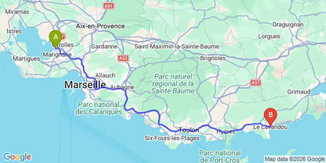 Map: Marseille Airport (MRS) to Le Lavandou