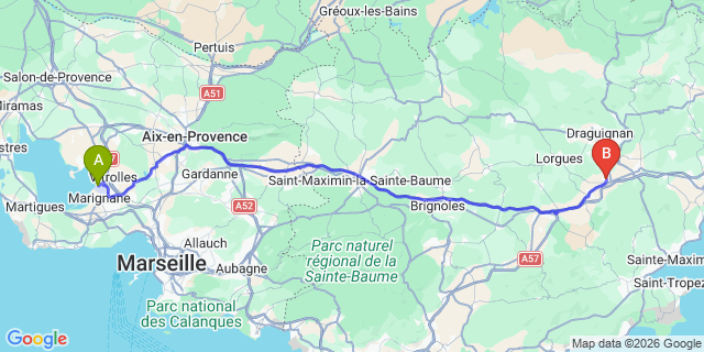 Map: Marseille Airport (MRS) to Les Arcs (Var)