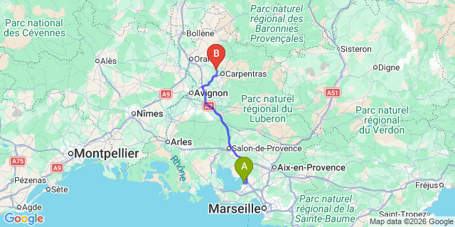 Map: Marseille Airport (MRS) to Loriol-du-Comtat