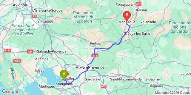 Map: Marseille Airport (MRS) to Manosque
