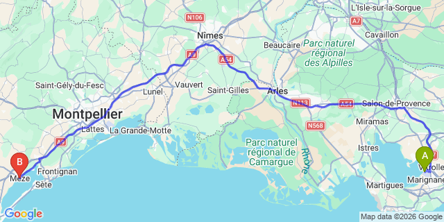 Map: Marseille Airport (MRS) to Meze