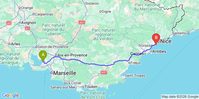 Map: Marseille Airport (MRS) to Nice airport