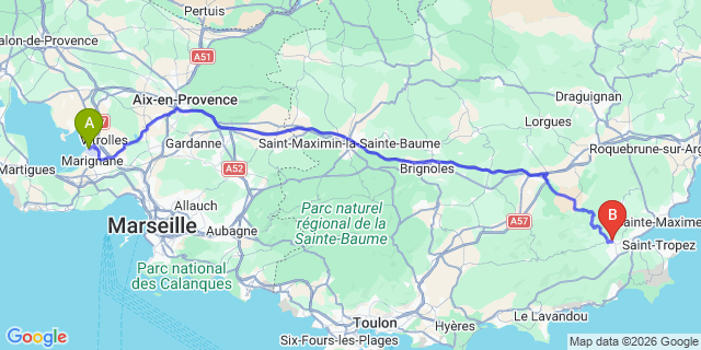 Map: Marseille Airport (MRS) to Port Grimaud