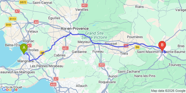 Map: Marseille Airport (MRS) to Saint-Maximin-la-Sainte-Baume