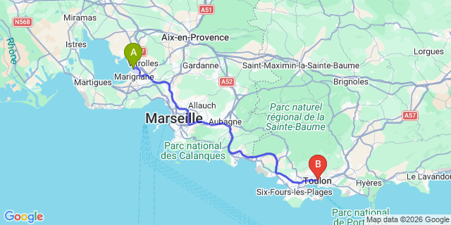 Map: Marseille Airport (MRS) to Toulon