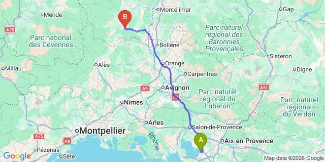 Map: Marseille Airport (MRS) to Vallon-Pont-d’Arc